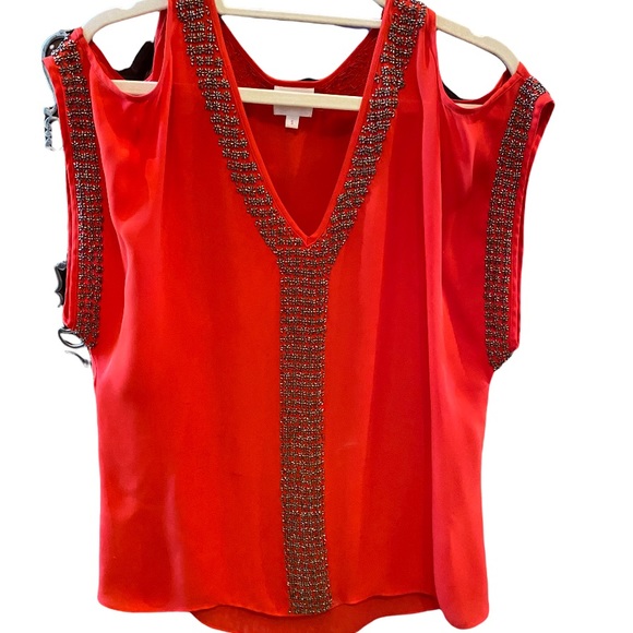 Parker  Tops - Parker red 100% silk blouse with beaded detail